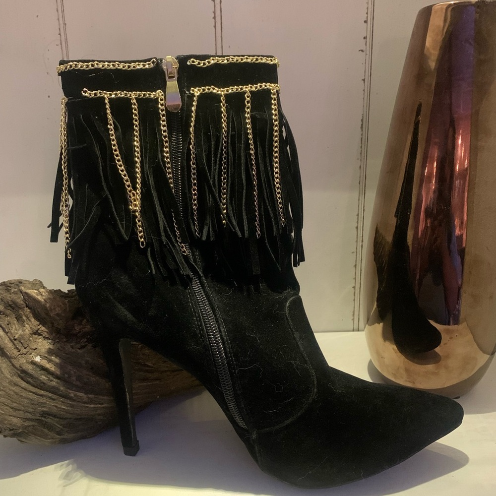 Black Suede Fringe Ankle Boots with Gold Chain Detail
